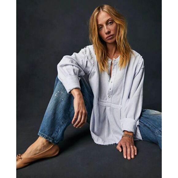 Free People Womens Size S Blue Pinstripe Sky Combo Edge Washed Tunic Blouse Boho - Picture 3 of 14